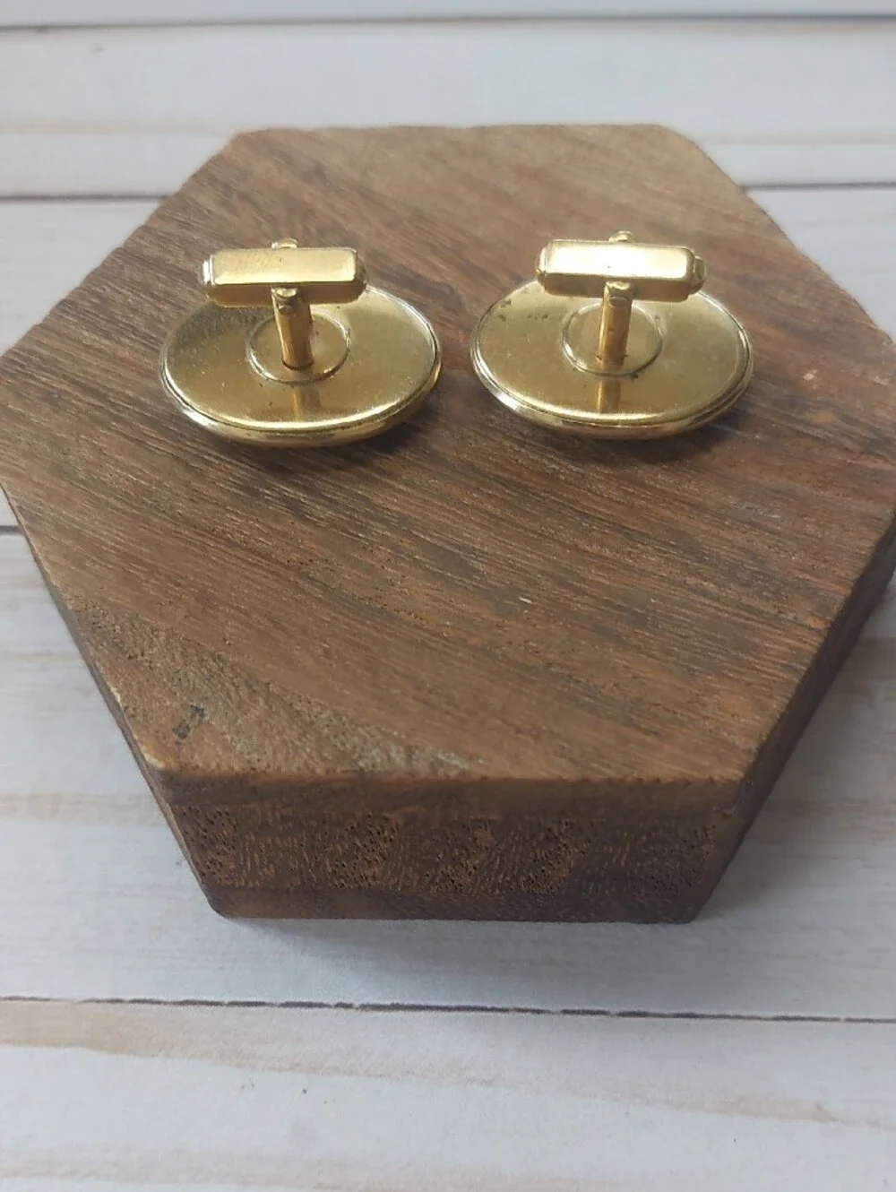 Gold-Tone Cuff Links with Brown Leather Inlay
